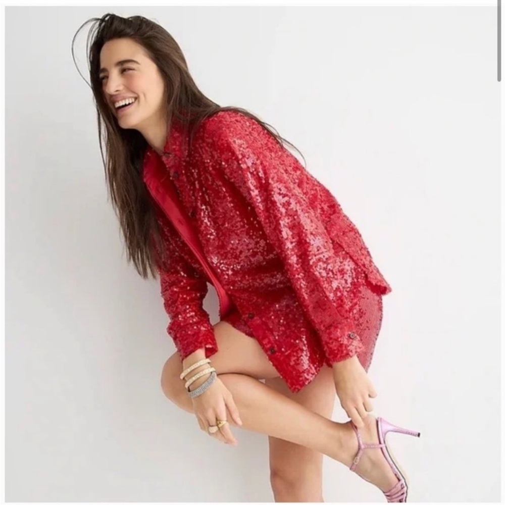 Nwt J.Crew Collection Classic-Fit Sequin Shirt In Dark Red Button-Up Blouse